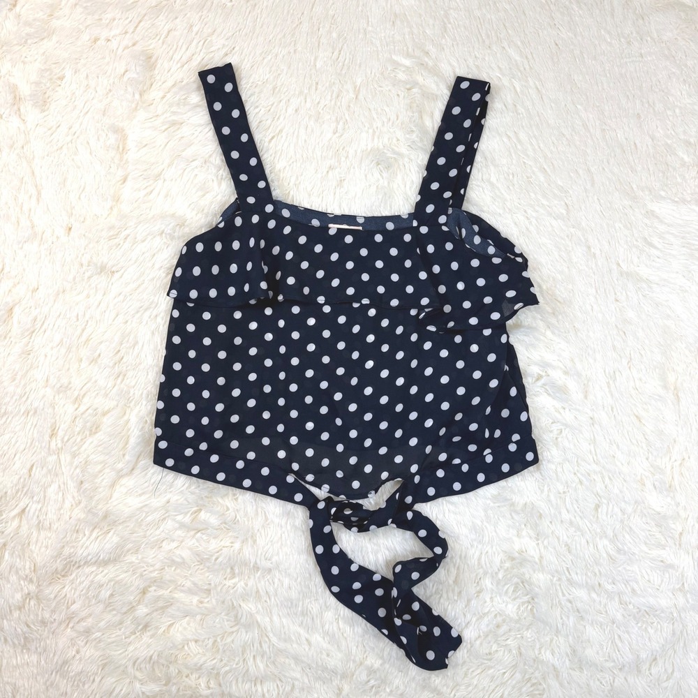 Solaris Style Tank Top Womens Large Navy Blue Polka Dot Ruffle Tie Front Retro